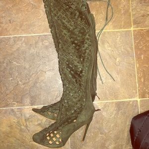 Forest green suede Thigh High sandals.